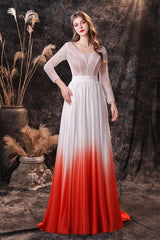 A Line V-Neck Long Sleeve Ombre Silk Like Satin Sweep Train Prom Dresses