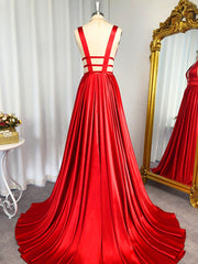 A-line V-neck Ruffles Sweep Train Elastic Woven Satin Dress