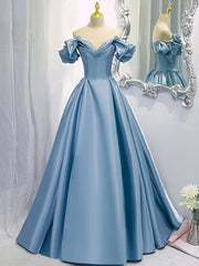 A-Line V Neck Satin Blue Long Prom Dress, Blue Formal Evening Dresses