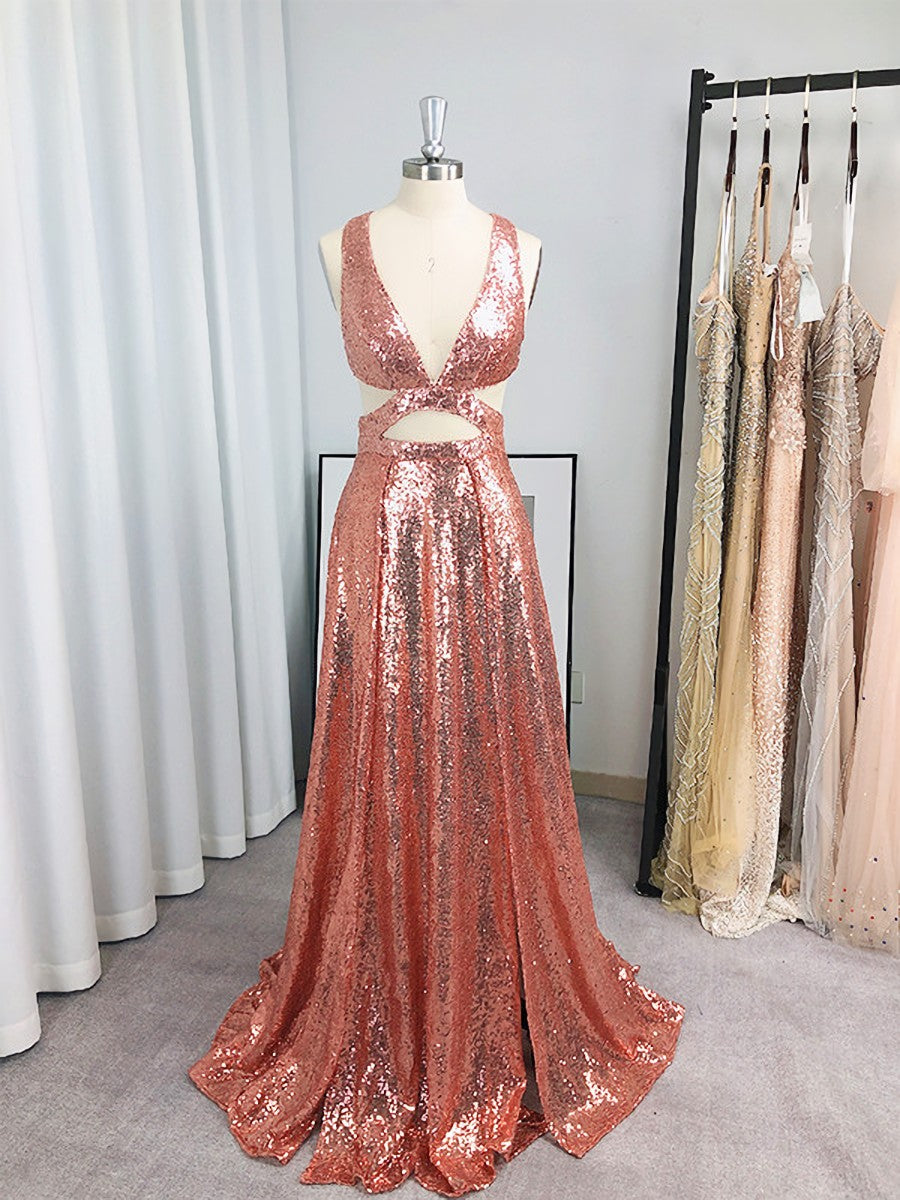 A-line V-neck Sequin Floor-Length Sequins Dress