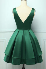 A Line V Neck Short Green Satin Prom Dresses, Short Green Satin Homecoming Graduation Dresses