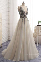 A Line V Neck Silver Gray Long Prom Dresses, Silver Grey Beaded Long Formal Evening Dresses