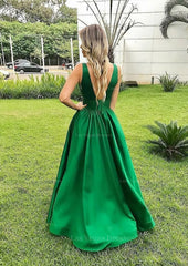 A Line V Neck Sleeveless Long Floor Length Satin Prom Dress With Pleated