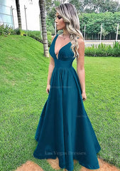 A Line V Neck Sleeveless Long Floor Length Satin Prom Dress With Pleated