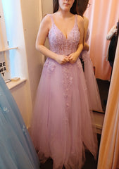 A Line V Neck Sleeveless Long Floor Length Tulle Prom Dress With Appliqued Lace