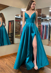 A Line V Neck Sleeveless Satin Long Floor Length Prom Dress With Pockets Split