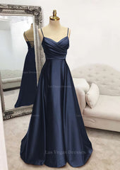 A Line V Neck Spaghetti Straps Long Floor Length Satin Prom Dress With Pleated