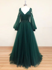 A-Line V Neck Tulle Lace Green Long Prom Dress, Green Formal Evening Dresses