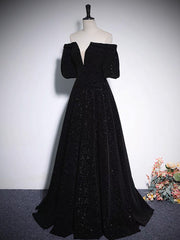 A-Line V Neck Velvet Black Long Prom Dress, Black Formal Evening Dress