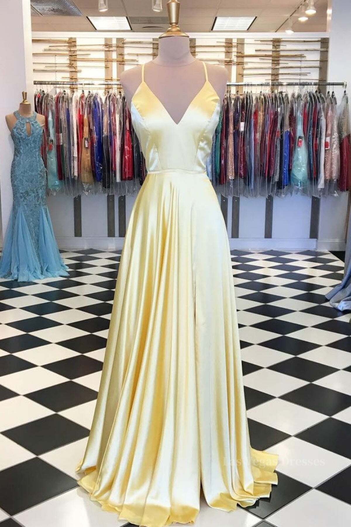 A Line V Neck Yellow Long Prom Dresses, Yellow Long Backless Formal Evening Dresses