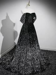 A-Line Velvet Sequin Long Black Prom Dress, Black Long Evening Dress