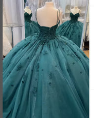 Ball Gown Beaded Quinceanera Dress Spaghetti Straps Emerald Green Quince Dress