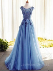 Ball Gown Jewel Sweep Train Tulle Evening Dresses With Appliques Lace