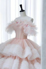 Ball Gown Off Shoulder Pink Tulle Long Prom Dress, Sweet 16 Dress