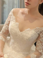 Ball Gown Off-the-Shoulder Cathedral Train Tulle Wedding Dresses With Beading