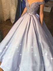 Ball Gown Off-the-Shoulder Floor-Length Satin Prom Dresses With Beading