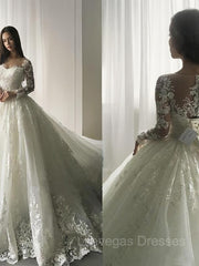 Ball Gown Scoop Court Train Tulle Wedding Dresses With Appliques Lace