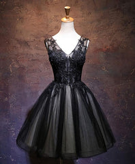 Black V Neck Lace Short Prom Dress, Black Party Dress