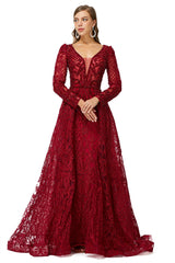 Beaded Wine Red Long V neck Sleeves Prom Dresses