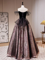 Black A-Line Satin Tulle Long Prom Dresses, Black Formal Black Evening Dress