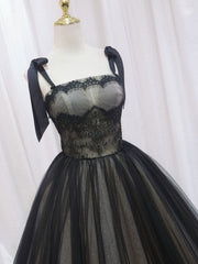 Black A-Line Tulle Long Prom Dresses, Black Tulle Formal Evening Dress