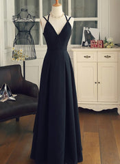 Black Chiffon Straps Long A-line Junior Prom Dress, Black Party Gowns