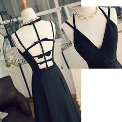 Black Chiffon Straps Long A-line Junior Prom Dress, Black Party Gowns