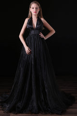 Black Halter Deep V neck Backless Tulle Floro Length Prom Dresses