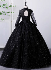 Black High Neckline Long Sleeves Tulle Sweet 16 Dress, Black Ball Gown Formal Dress