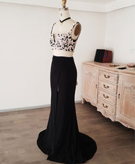 Black Lace Two Pieces Long Prom Dress, Black Evening Dress with Lace Beading