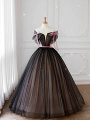 Black off shoulder tulle long prom dress, black tulle formal dress