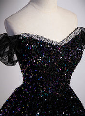 Black Sequins Off Shoulder Beaded Party Dress, A-line Black Formal Dress