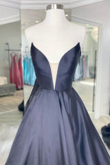 Black Strapless Satin Long Prom Dress, Black A-Line Evening Dress