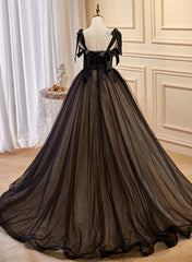 Black Straps Tulle with Lace Long Formal Dress, Black A-line Prom Dress