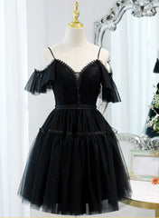 Black Sweetheart Straps Tulle Homecoming Dress, Black Off Shoulder Prom Dress