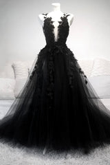 Black Tulle Lace Long A-Line Prom Dress, Black V-Neck Evening Dress