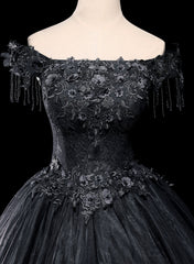 Black Tulle Off Shoulder with Lace Applique Party Dress, Black Tulle Long Sweet 16 Dress