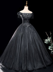 Black Tulle Off Shoulder with Lace Applique Party Dress, Black Tulle Long Sweet 16 Dress