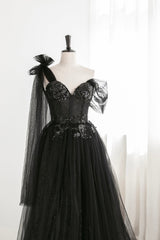 Black Tulle Sequins Long Prom Dress, Black One Shoulder Evening Dress