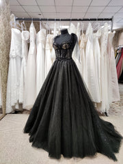 Black Tulle with Lace Straps Long Formal Dress, Black Long Evening Dress Prom Dress