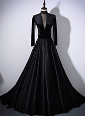 Black Velvet and Satin Long Sleeves See Through Back Formal Dress, Black Evening Dress