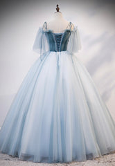 Lovely Spaghetti Strap Blue Long Prom Dresses, Lace Evening Dresses