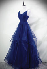 Blue A-line Straps Tulle Layers Long Party Dress, Blue Long Prom Dress