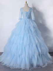 Blue A-Line Tulle Lace Long Prom Dress, Blue Lace Formal Evening Dresses