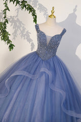 Blue Beaded Tulle Long A-Line Prom Dress, Blue Formal Dress