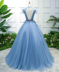 Blue High Neck Tulle Blue Long Prom Dress, Blue Evening Dress