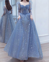 Blue Long Sleeves Sweetheart Beaded Tulle Formal Dress, Blue A-line Prom Dress