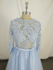 Blue Round Neck Tulle Lace Long Prom Dress, Blue Tulle Lace Evening Dress