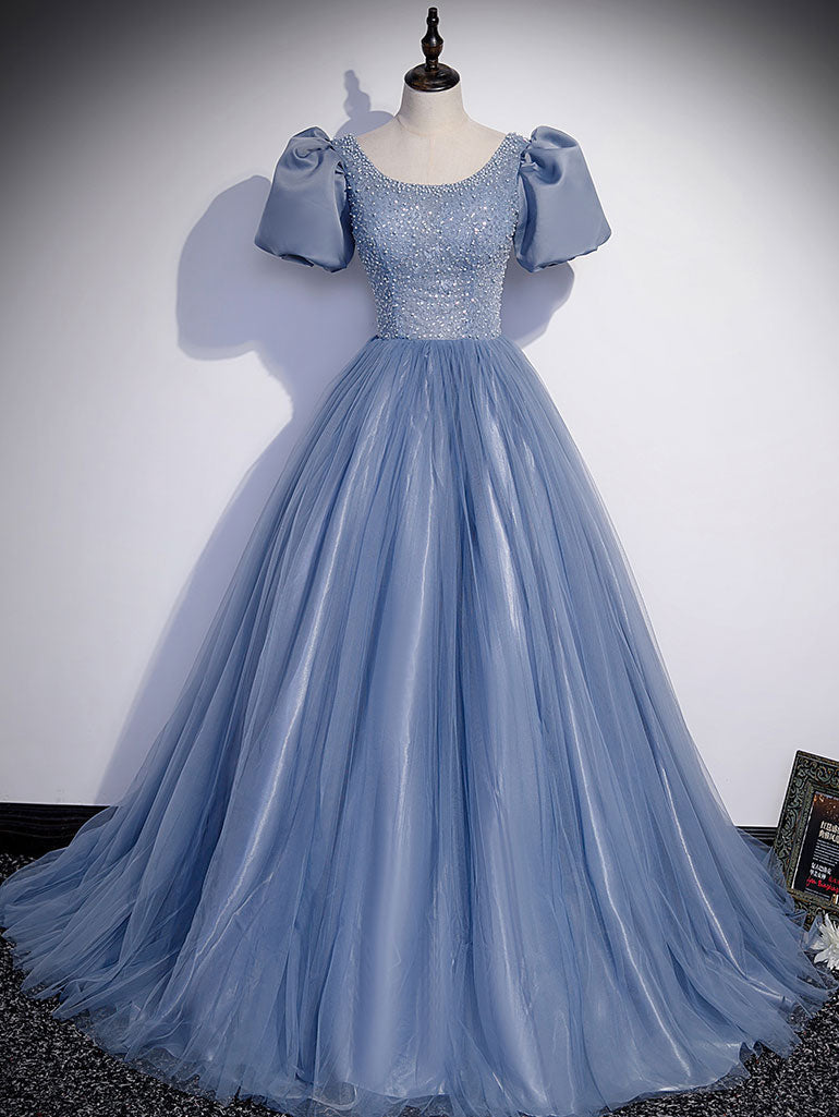 Blue Round Neck Tulle Sequin Beads Long Prom Dress, Blue Evening Dress