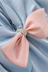 Blue Satin Long Princess Dress, Cute Short Sleeve Ball Gown Sweet 16 Dress